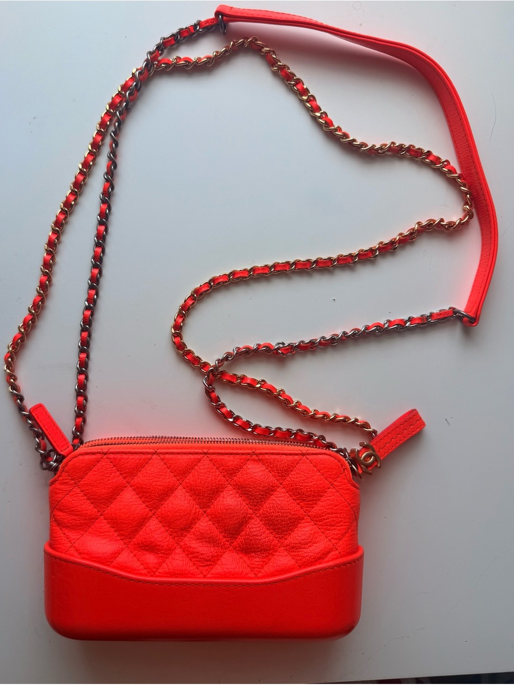 Quilted Chanel Gabrielle Double Zip Clutch Bag in Neon Orange